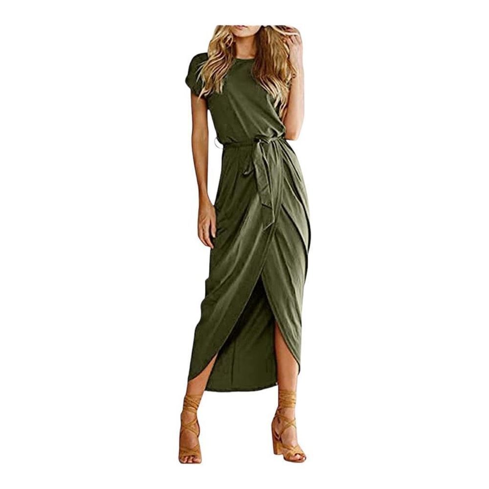 NWT Womens Qearal Ruched Army Green Short Sleeved Maxi Dress - Sz S